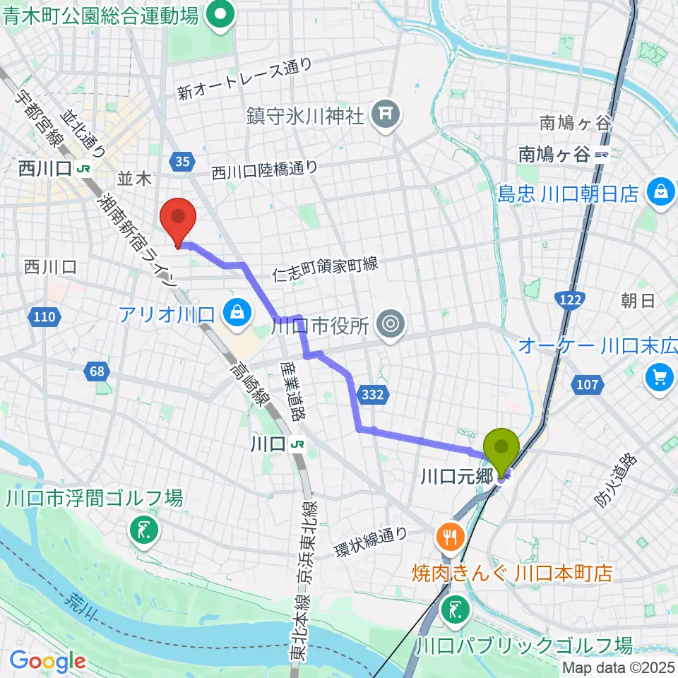 川口元郷駅からワゴムスタジオへのルートマップ地図