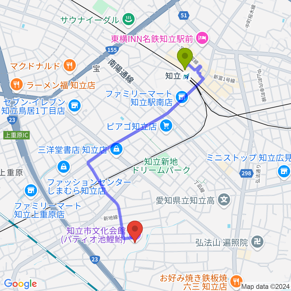 知立駅から知立市文化会館 パティオ池鯉鮒へのルートマップ地図