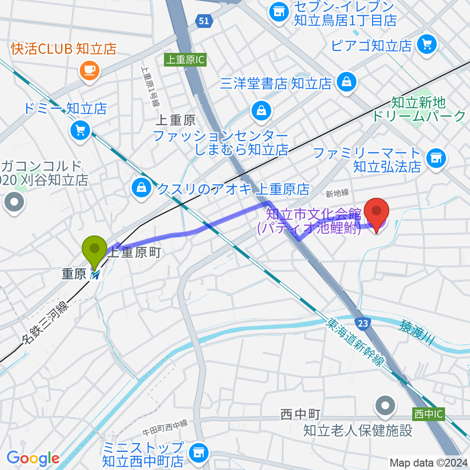 知立市文化会館 パティオ池鯉鮒の最寄駅重原駅からの徒歩ルート（約19分）地図