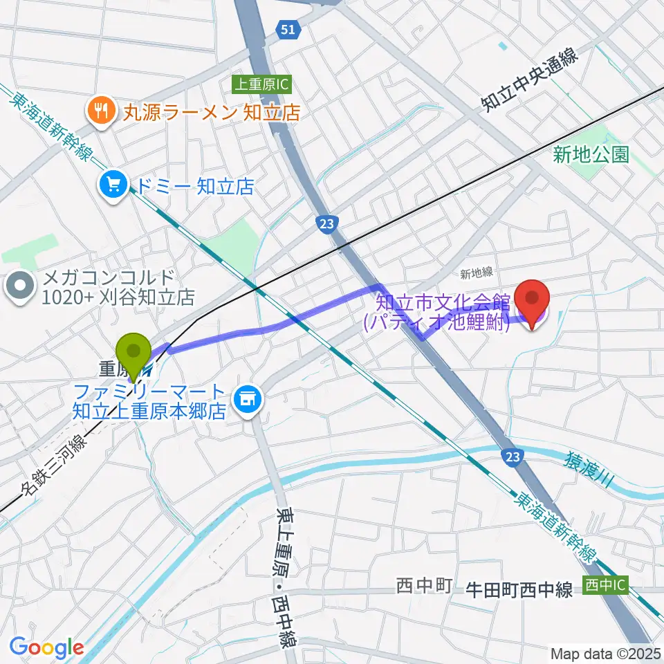 知立市文化会館 パティオ池鯉鮒の最寄駅重原駅からの徒歩ルート（約19分）地図