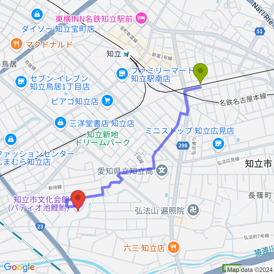 三河知立駅から知立市文化会館 パティオ池鯉鮒へのルートマップ地図