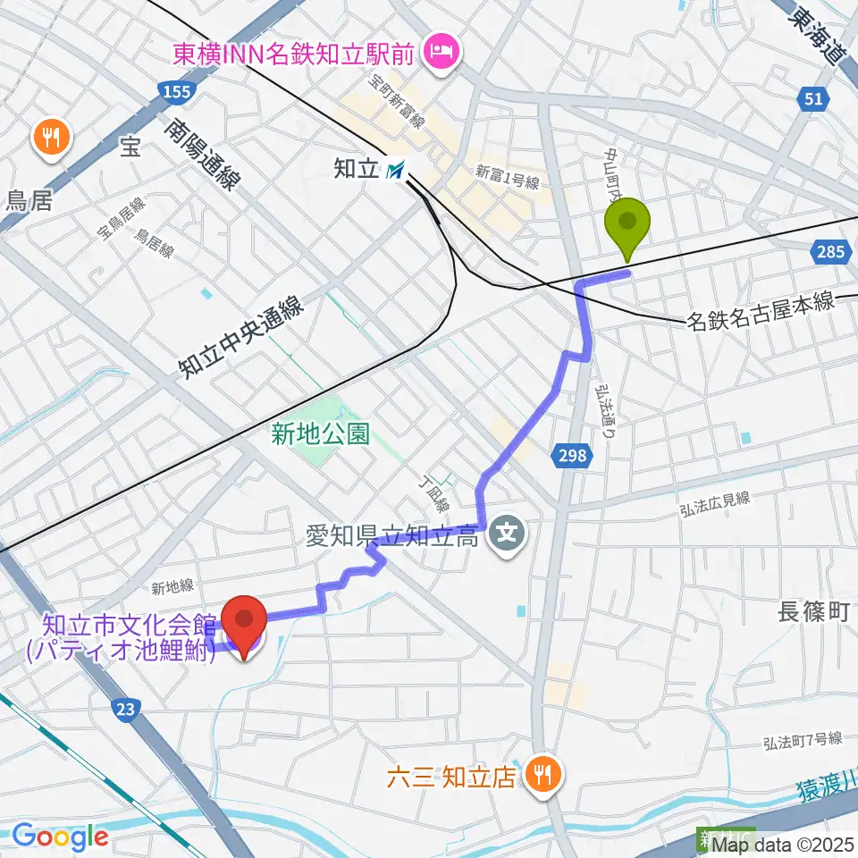 三河知立駅から知立市文化会館 パティオ池鯉鮒へのルートマップ地図