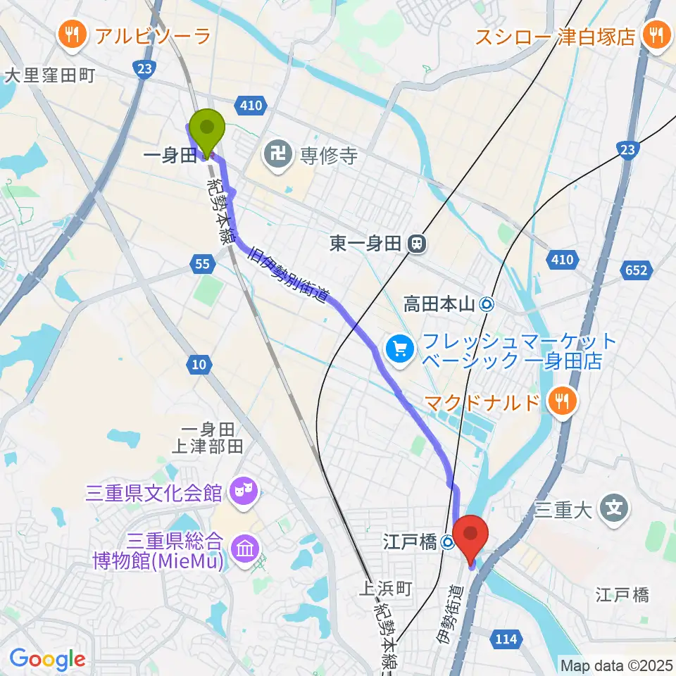 一身田駅から津あけぼの座へのルートマップ地図
