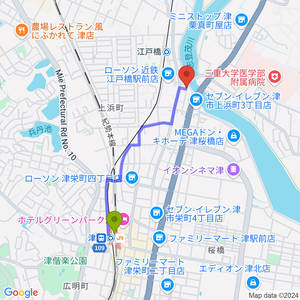 津駅から津あけぼの座へのルートマップ地図