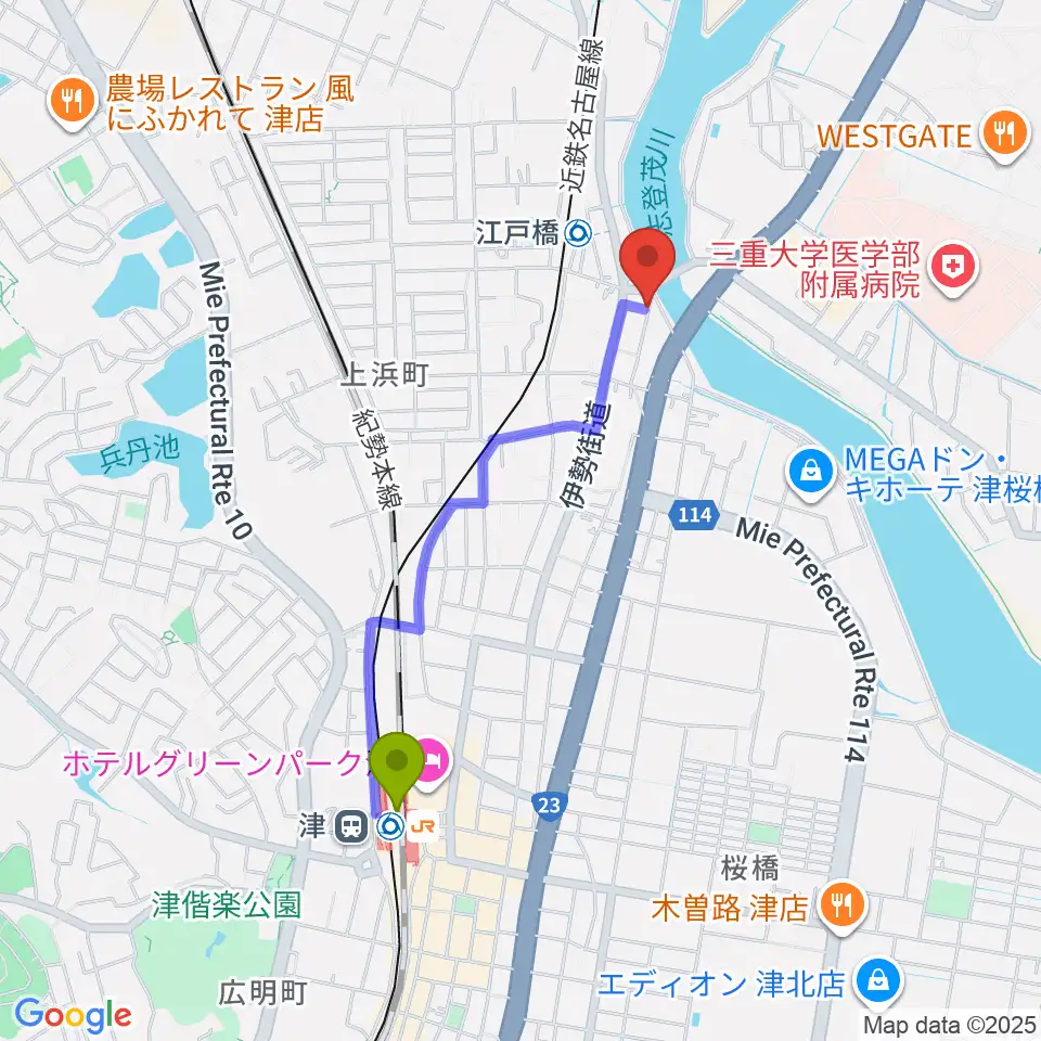 津駅から津あけぼの座へのルートマップ地図