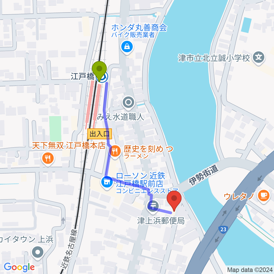 津あけぼの座の最寄駅江戸橋駅からの徒歩ルート（約4分）地図