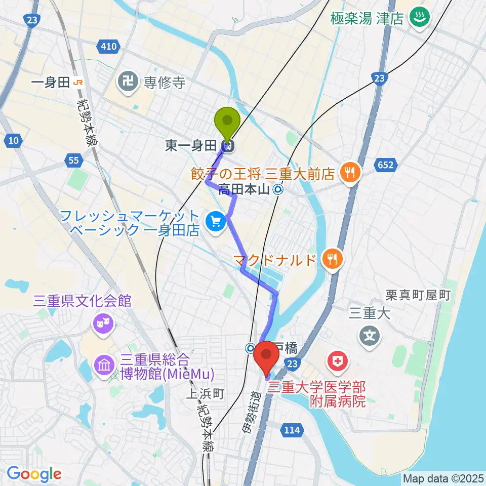 東一身田駅から津あけぼの座へのルートマップ地図