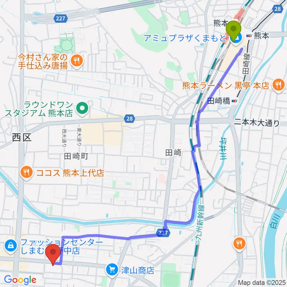 熊本駅から大谷楽器 新土河原教室へのルートマップ地図