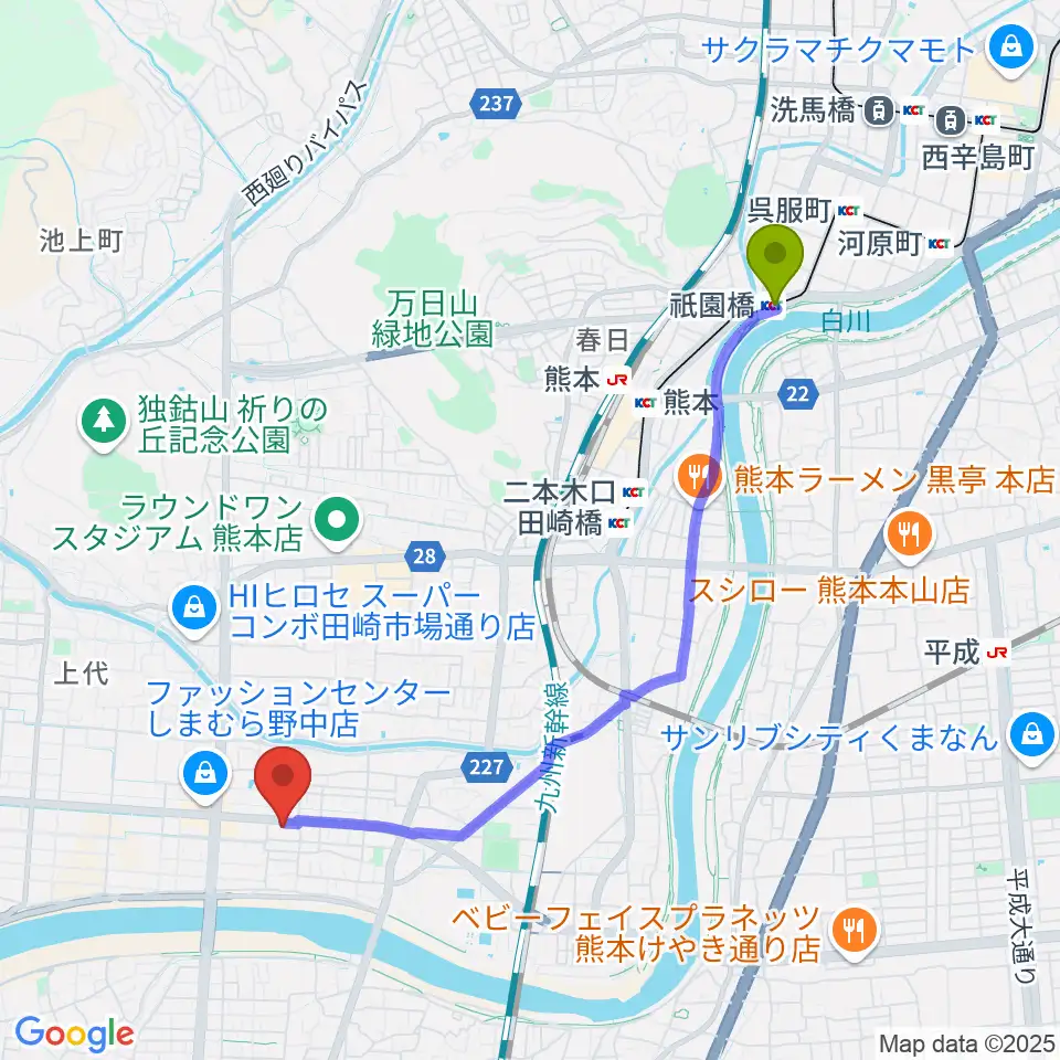 祇園橋駅から大谷楽器 新土河原教室へのルートマップ地図