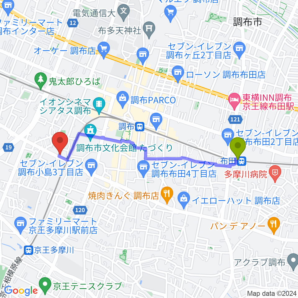 布田駅から調布BerryMusicへのルートマップ地図