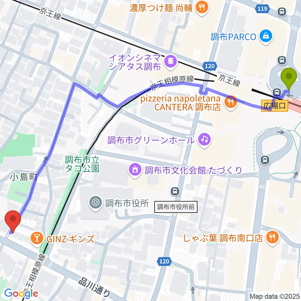 調布BerryMusicの最寄駅調布駅からの徒歩ルート（約8分）地図