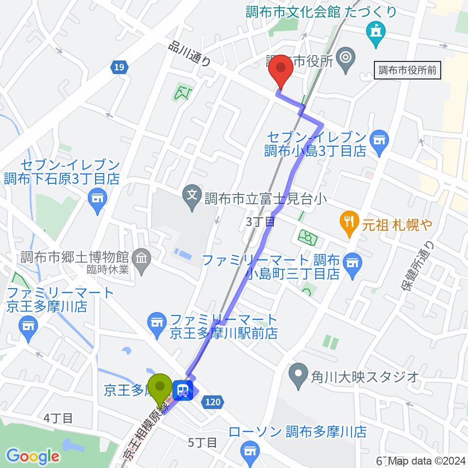 京王多摩川駅から調布BerryMusicへのルートマップ地図