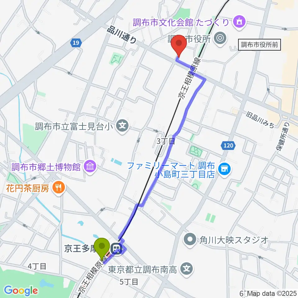 京王多摩川駅から調布BerryMusicへのルートマップ地図
