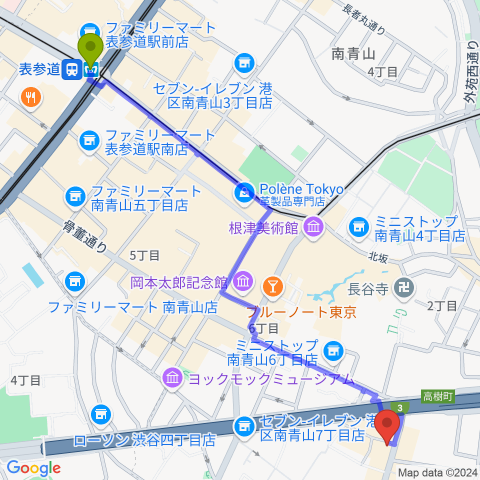 表参道駅からギガバー東京へのルートマップ地図