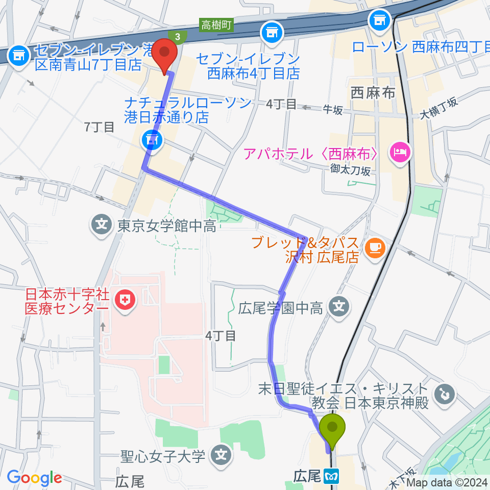 ギガバー東京の最寄駅広尾駅からの徒歩ルート（約13分）地図