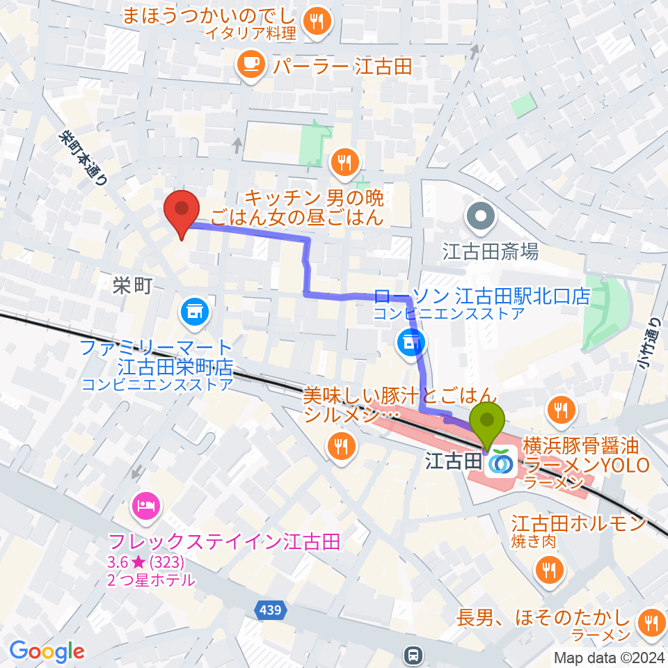 ロックンバナナ1スタジオの最寄駅江古田駅からの徒歩ルート（約4分）地図