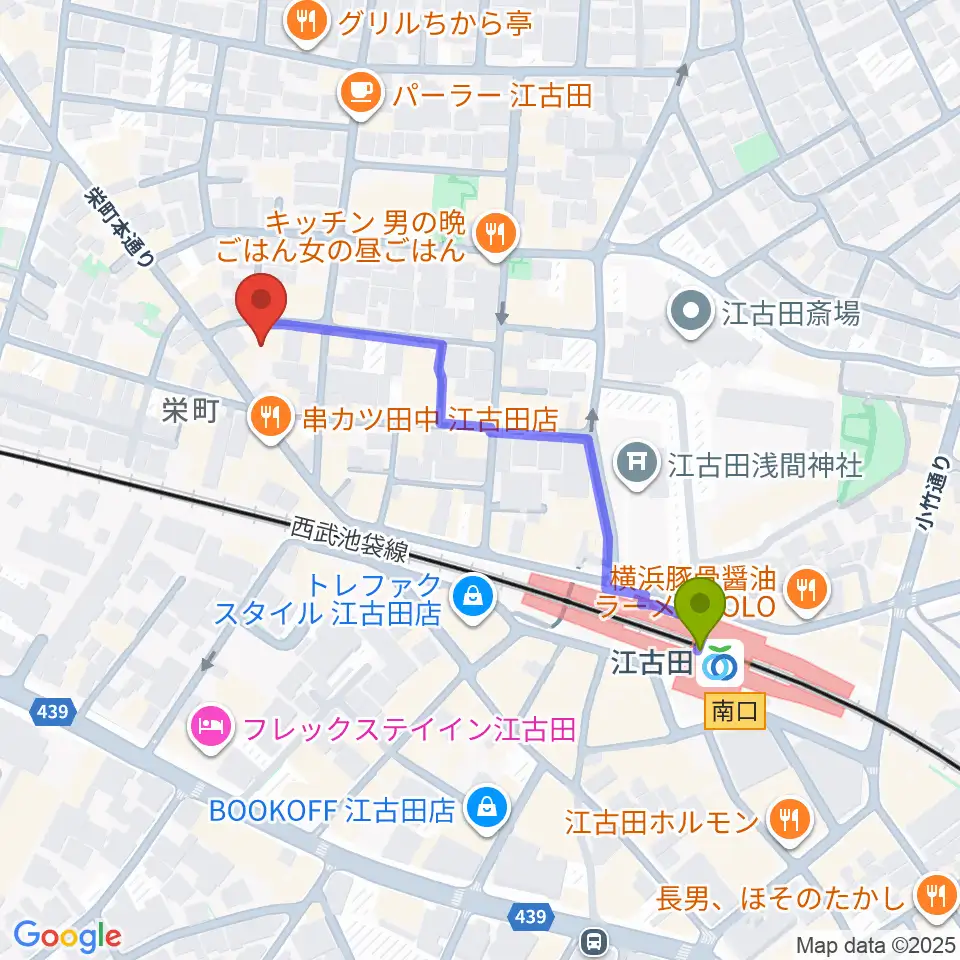 ロックンバナナ1スタジオの最寄駅江古田駅からの徒歩ルート（約4分）地図