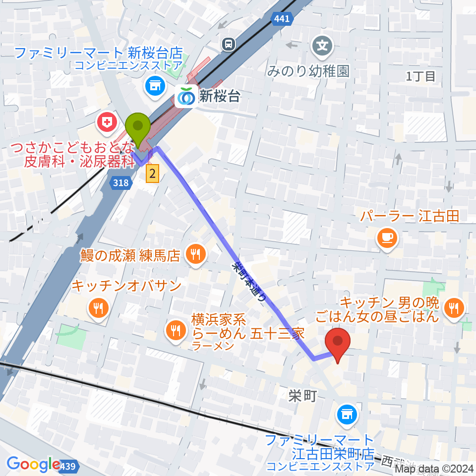 新桜台駅からロックンバナナ1スタジオへのルートマップ地図