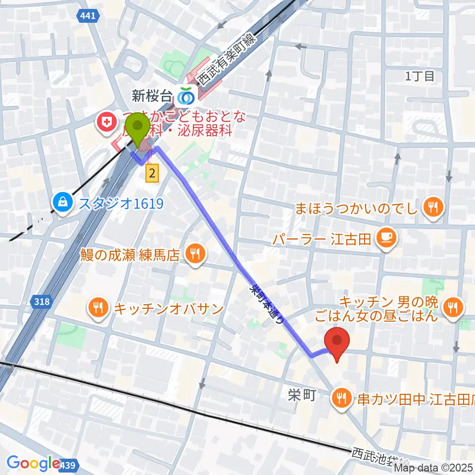 新桜台駅からロックンバナナ1スタジオへのルートマップ地図