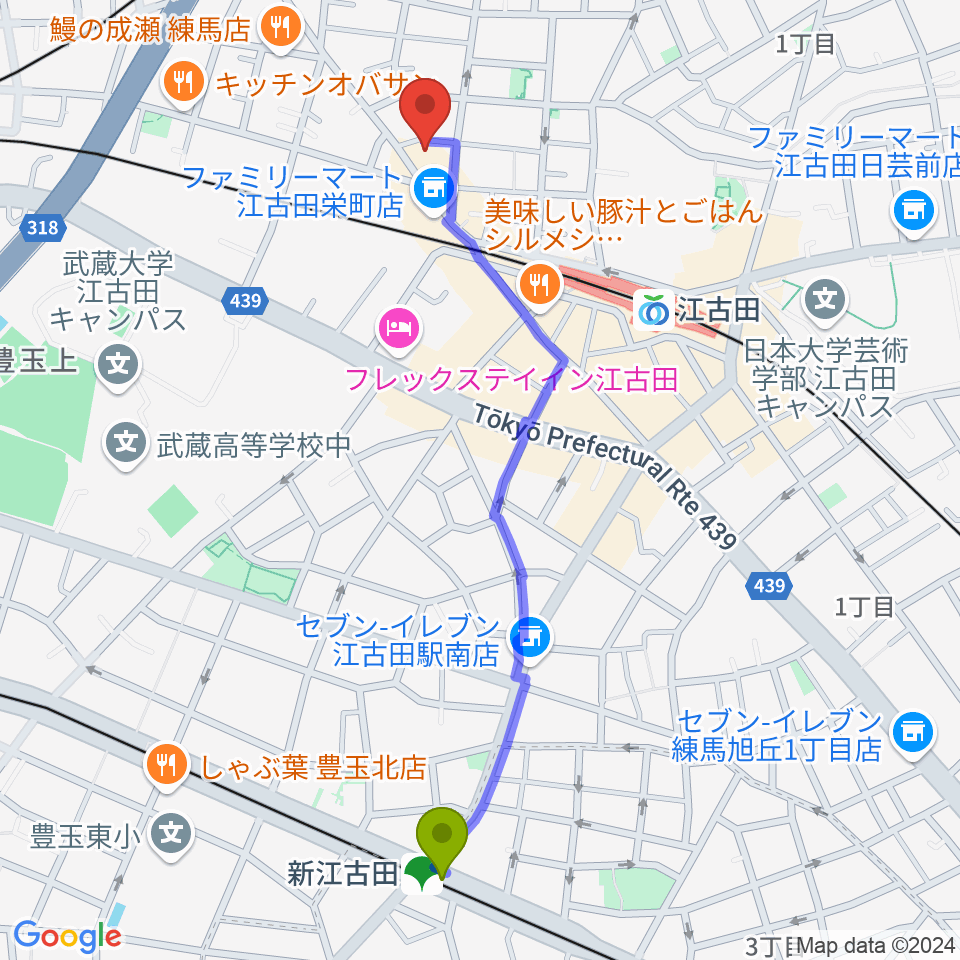 新江古田駅からロックンバナナ1スタジオへのルートマップ地図