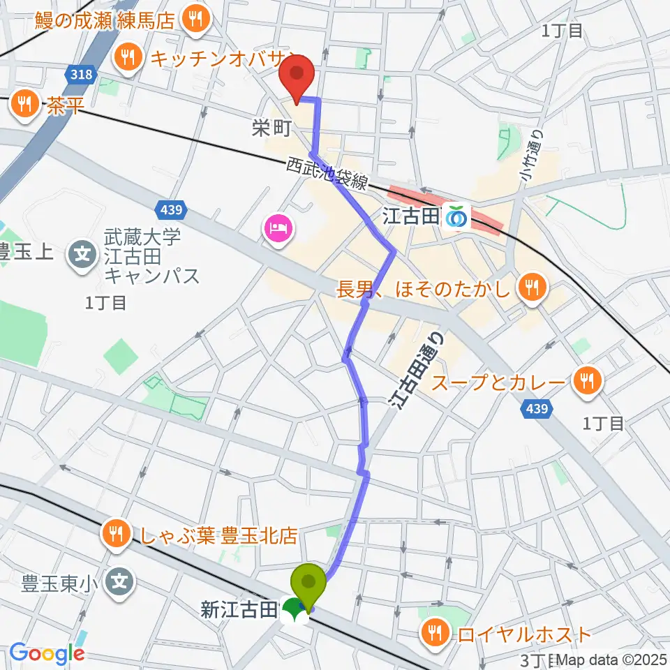 新江古田駅からロックンバナナ1スタジオへのルートマップ地図