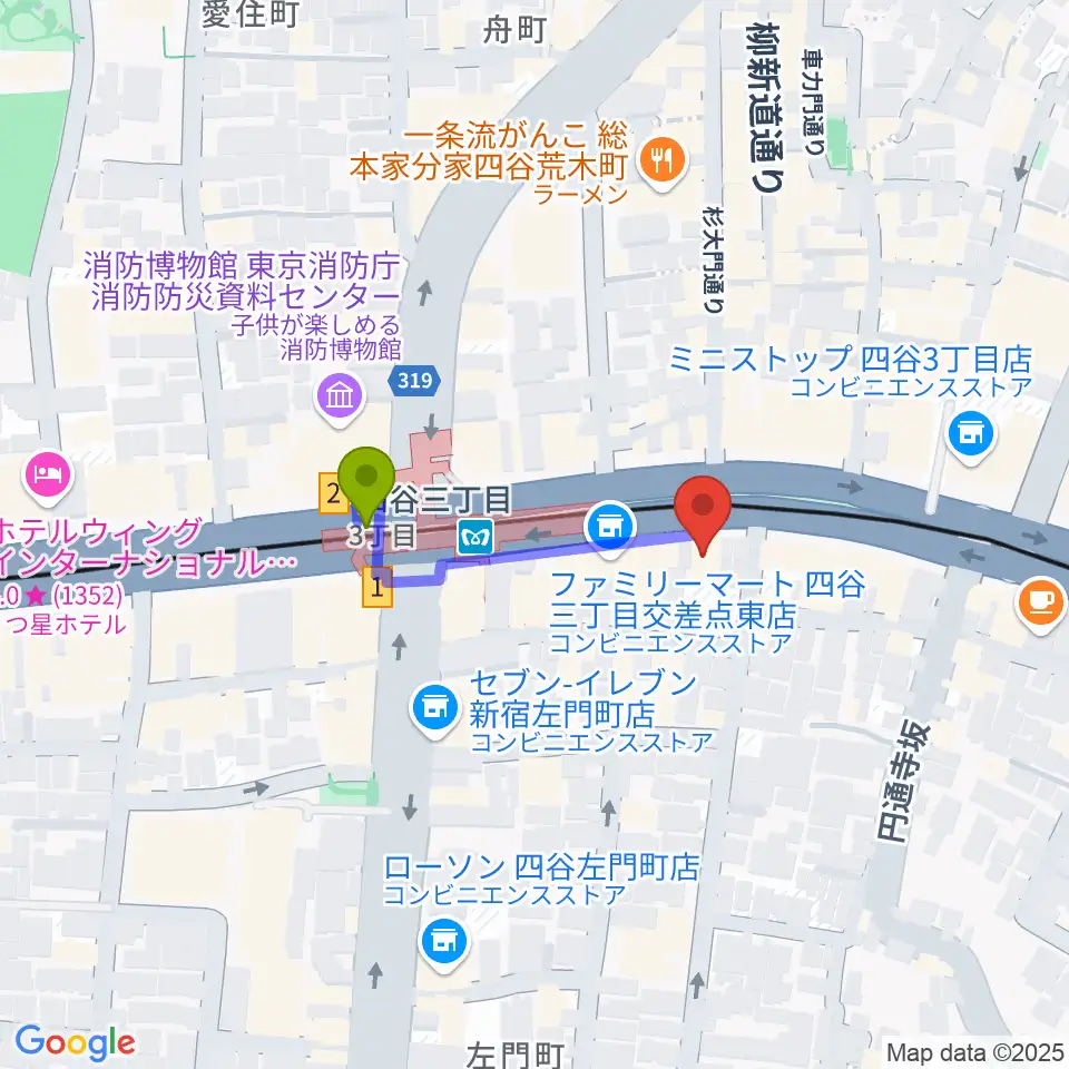 四谷ロータスの最寄駅四谷三丁目駅からの徒歩ルート（約2分）地図