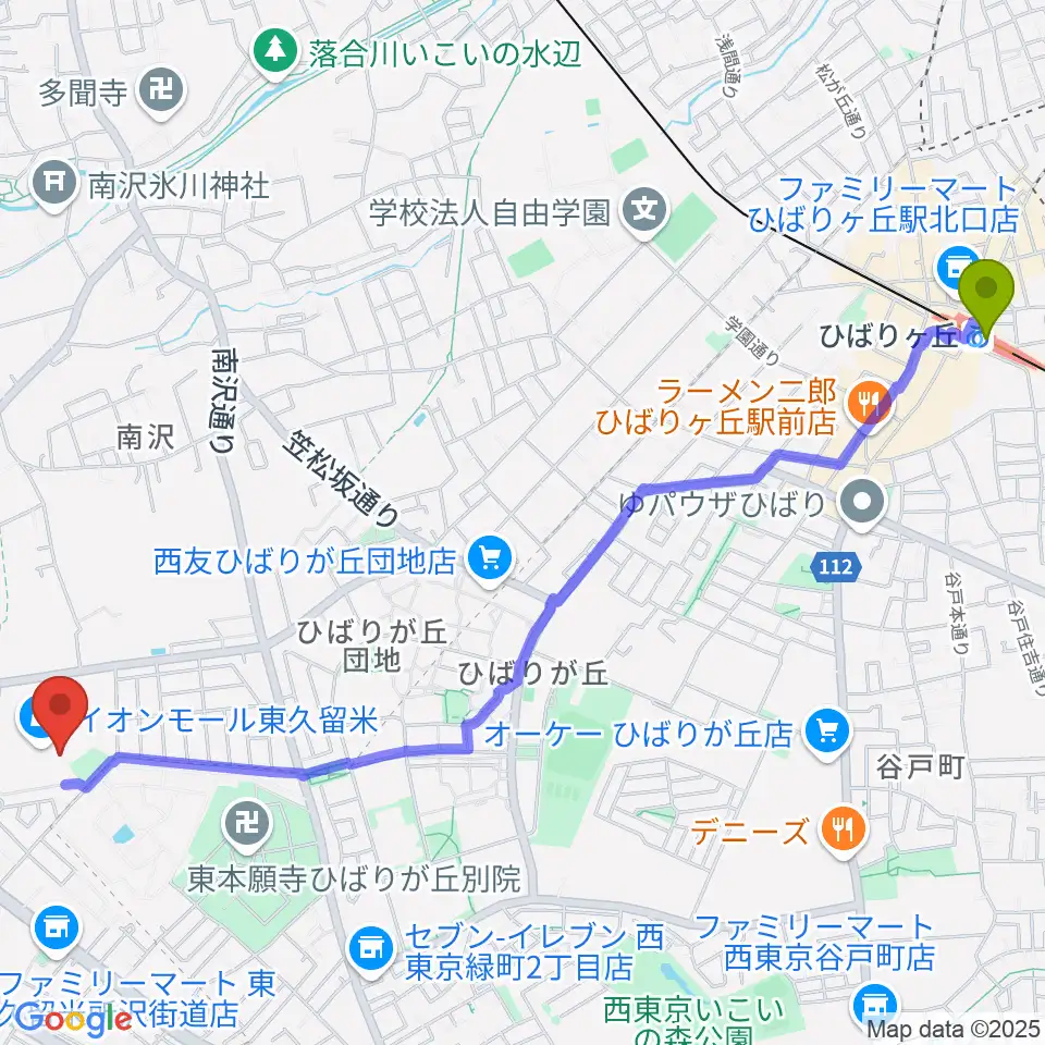 山野楽器 イオンモール東久留米店の最寄駅ひばりヶ丘駅からの徒歩ルート（約30分）地図