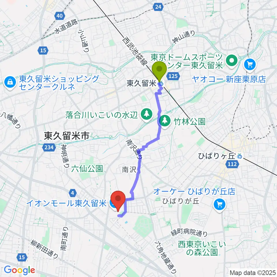 東久留米駅から山野楽器 イオンモール東久留米店へのルートマップ地図