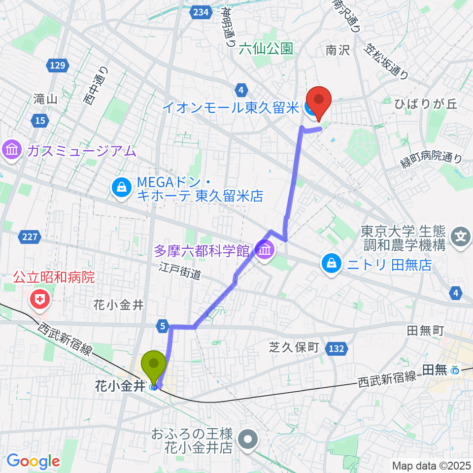 花小金井駅から山野楽器 イオンモール東久留米店へのルートマップ Mdata