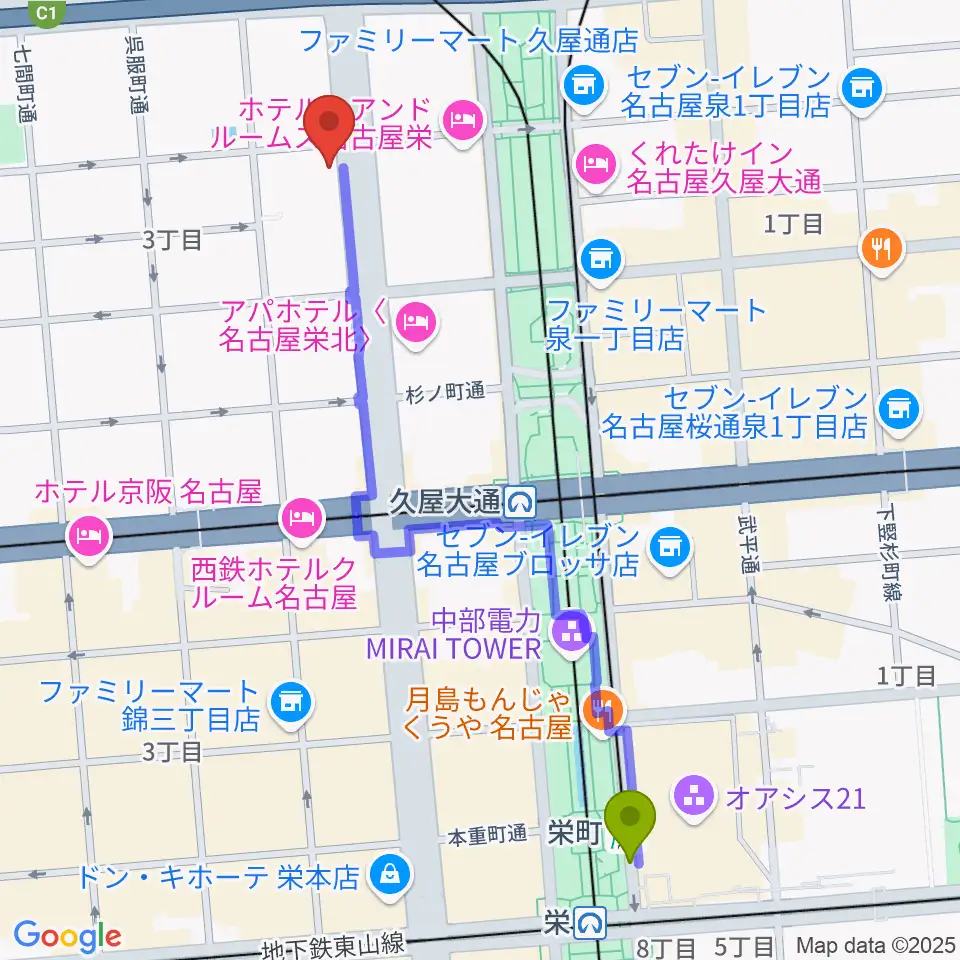 栄町駅からハウスムジークへのルートマップ地図