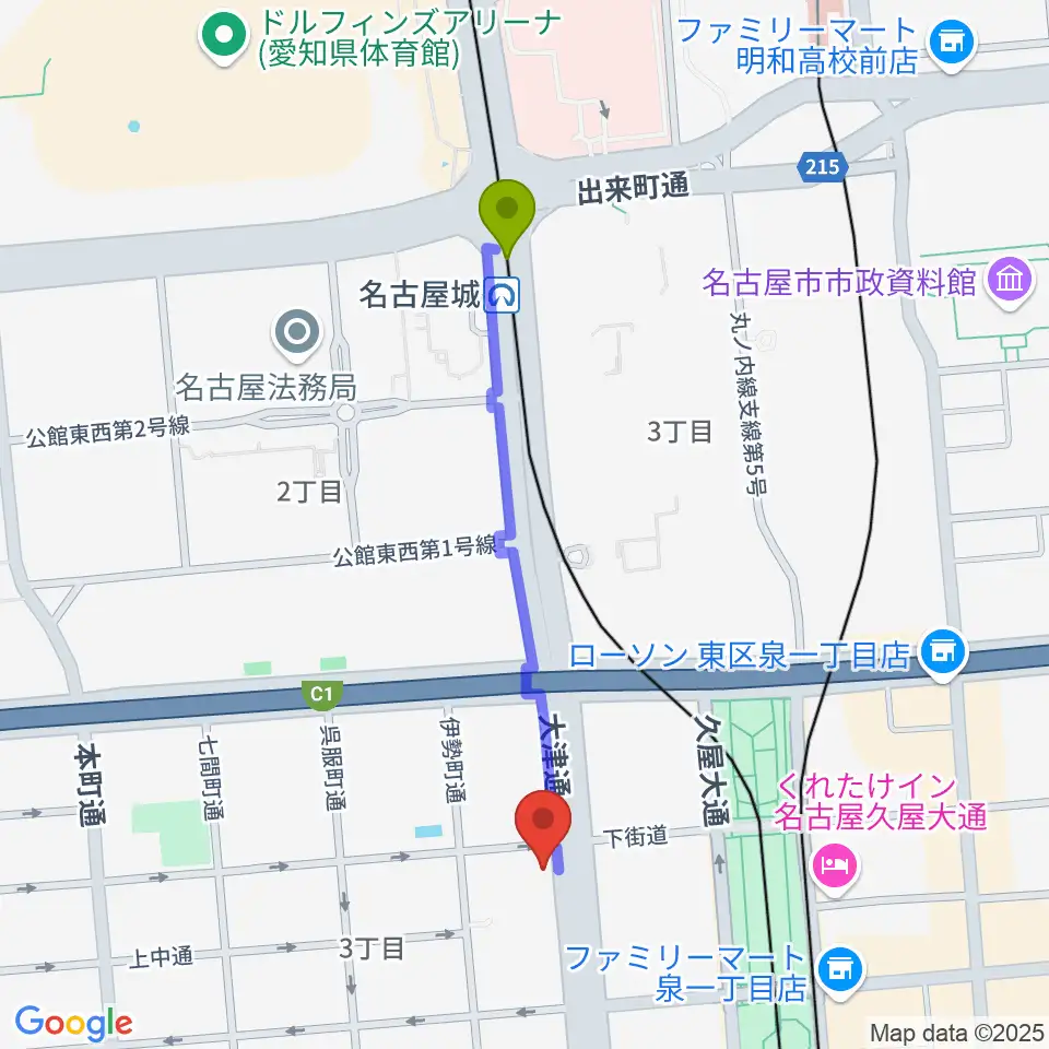 市役所駅からハウスムジークへのルートマップ地図