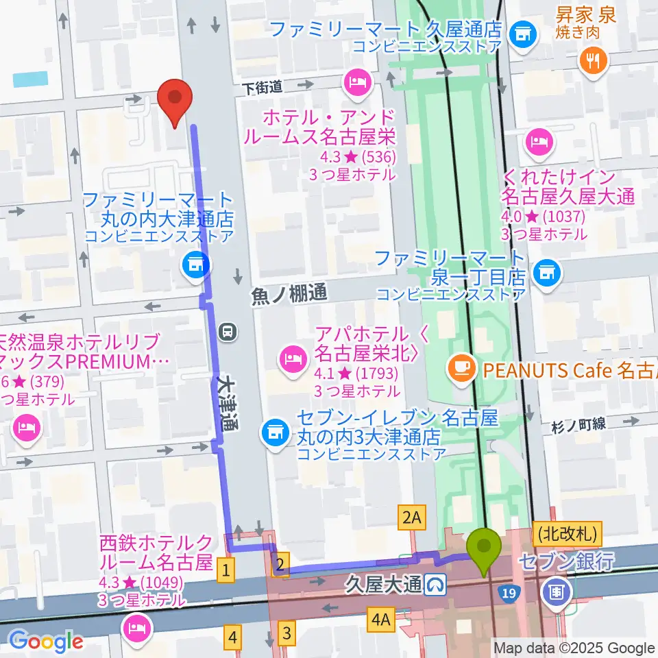 ハウスムジークの最寄駅久屋大通駅からの徒歩ルート（約6分）地図