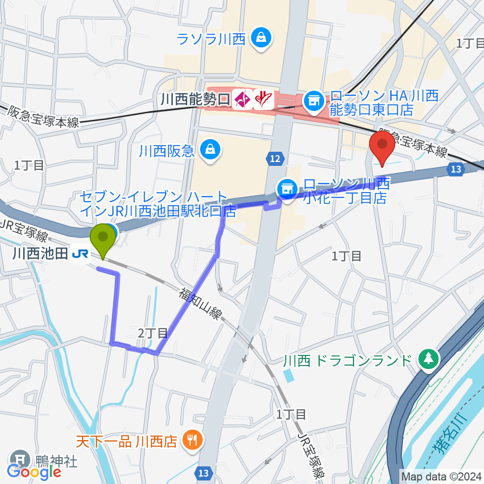 川西池田駅からハセガワ楽器 川西第一センターへのルートマップ地図