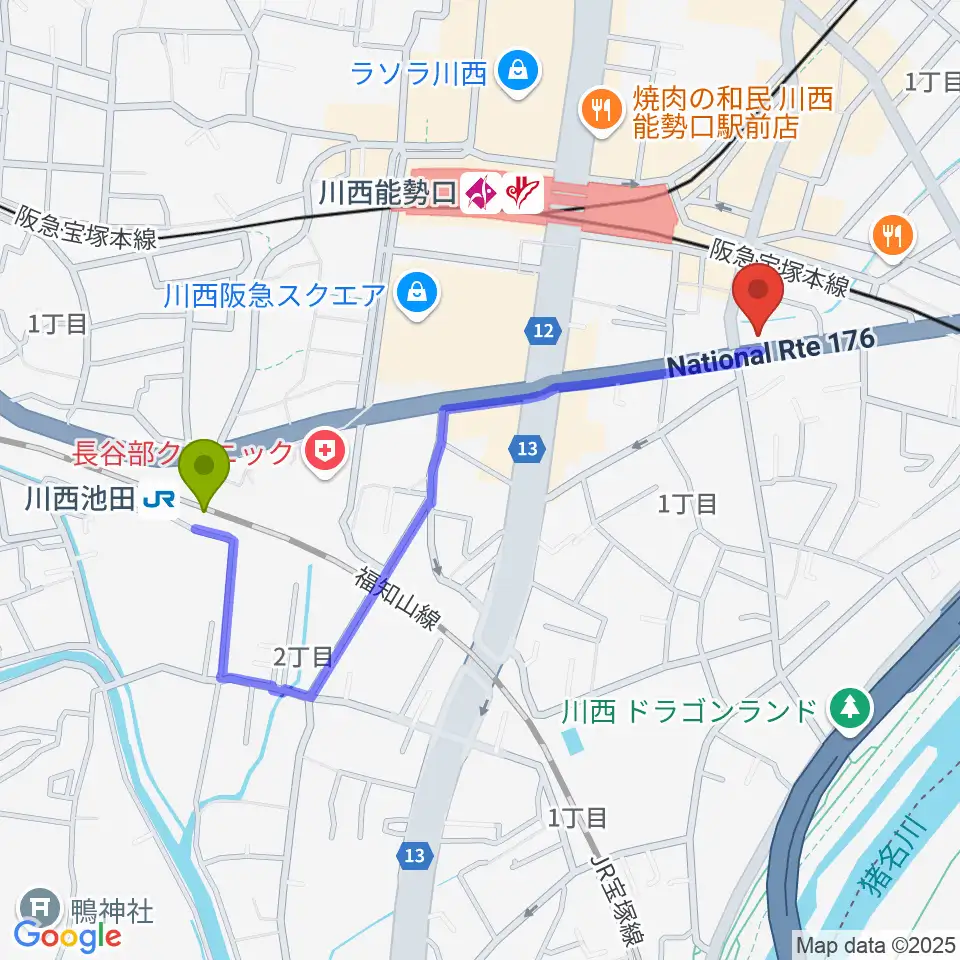 川西池田駅からハセガワ楽器 川西第1センターへのルートマップ地図