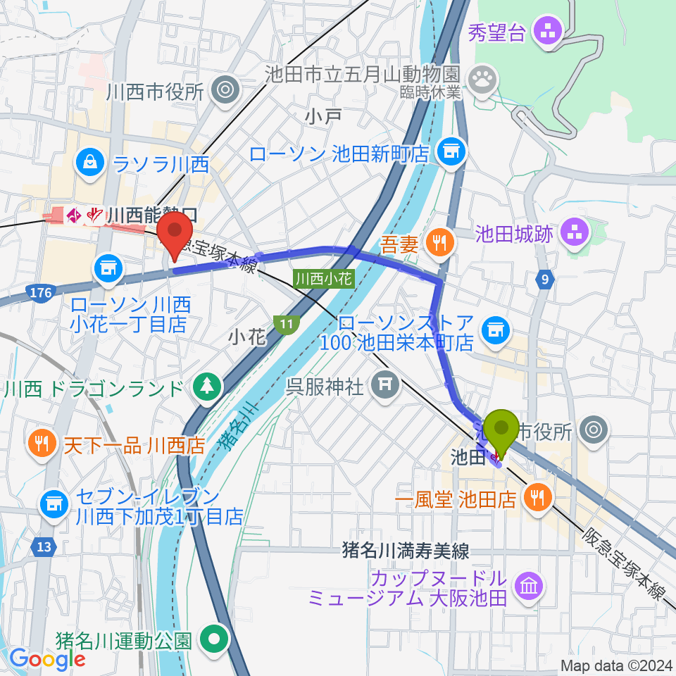 池田駅からハセガワ楽器 川西第一センターへのルートマップ地図