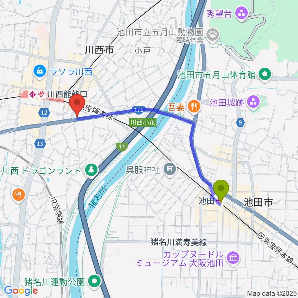 池田駅からハセガワ楽器 川西第1センターへのルートマップ地図
