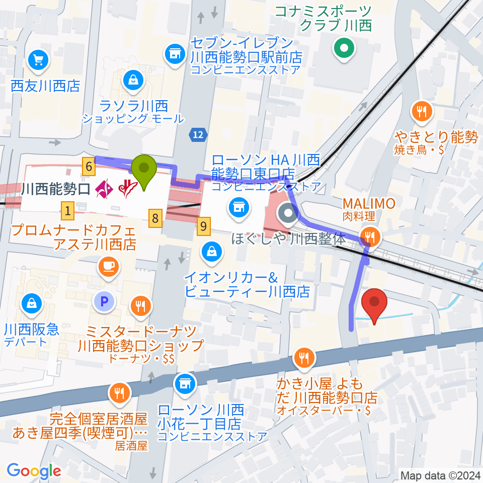 ハセガワ楽器 川西第一センターの最寄駅川西能勢口駅からの徒歩ルート（約4分）地図
