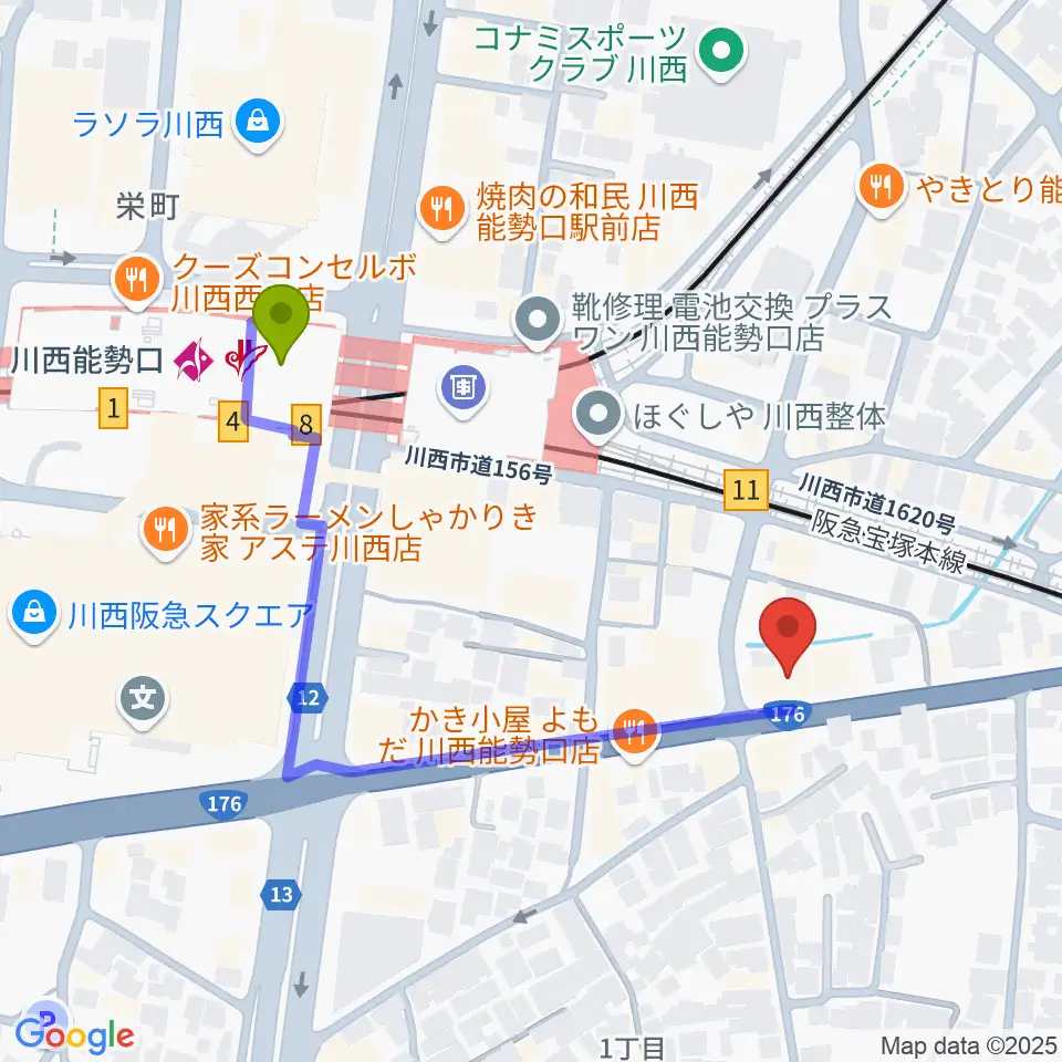 ハセガワ楽器 川西第1センターの最寄駅川西能勢口駅からの徒歩ルート（約4分）地図