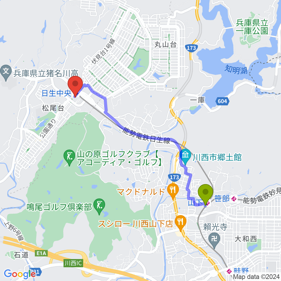 山下駅からハセガワ楽器 日生センターへのルートマップ地図