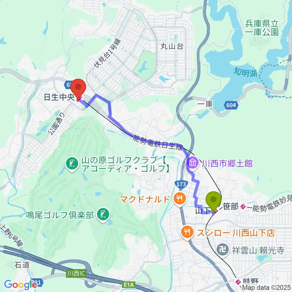 山下駅からハセガワ楽器 日生センターへのルートマップ地図