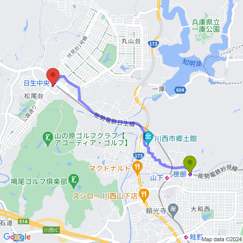 笹部駅からハセガワ楽器 日生センターへのルートマップ地図
