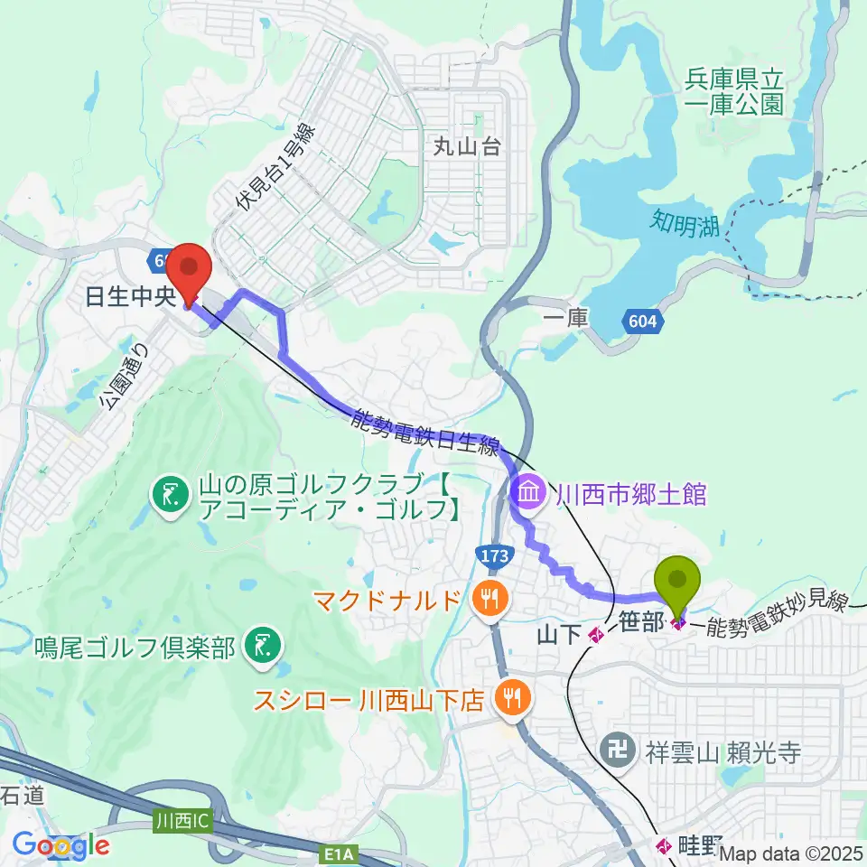 笹部駅からハセガワ楽器 日生センターへのルートマップ地図