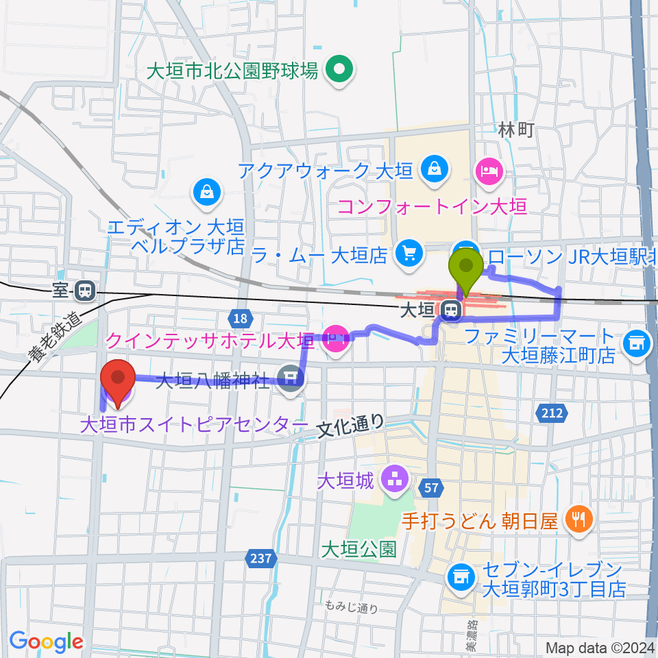 大垣駅から大垣市スイトピアセンターへのルートマップ地図