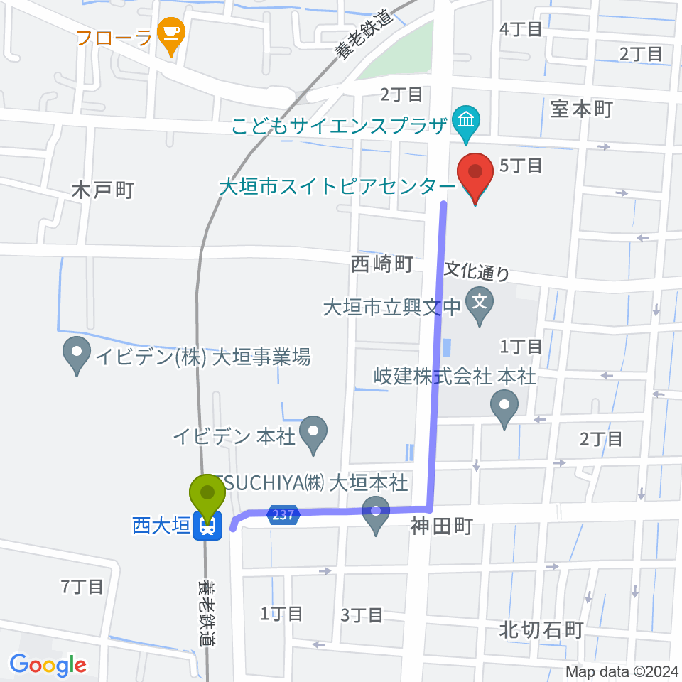 西大垣駅から大垣市スイトピアセンターへのルートマップ地図