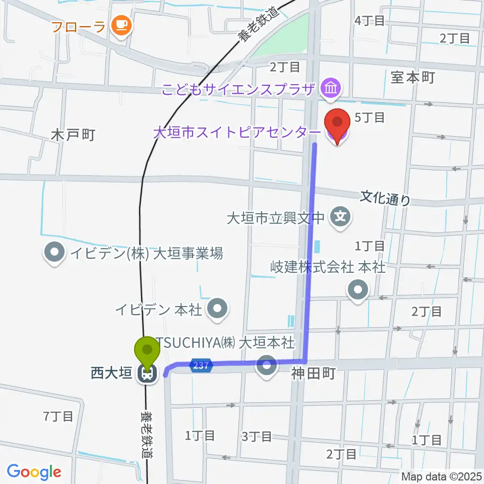 西大垣駅から大垣市スイトピアセンターへのルートマップ地図