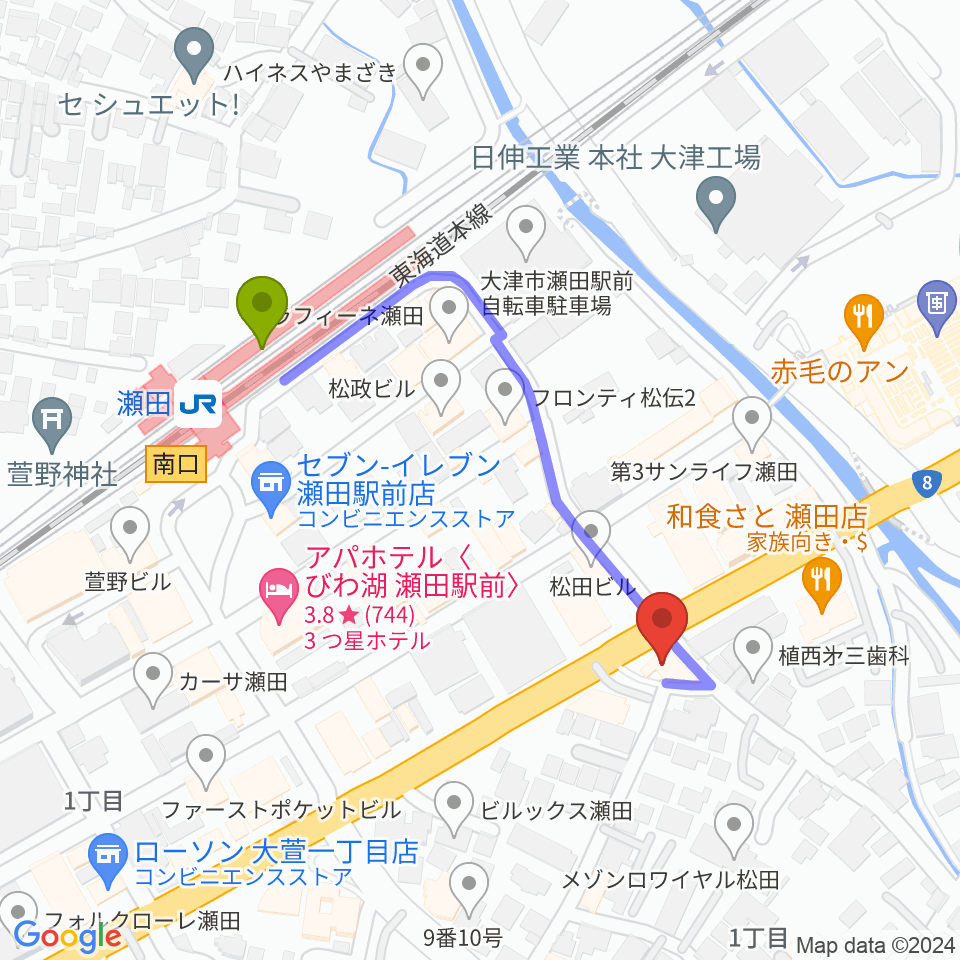 ロマン楽器 瀬田ショップの最寄駅瀬田駅からの徒歩ルート（約4分）地図