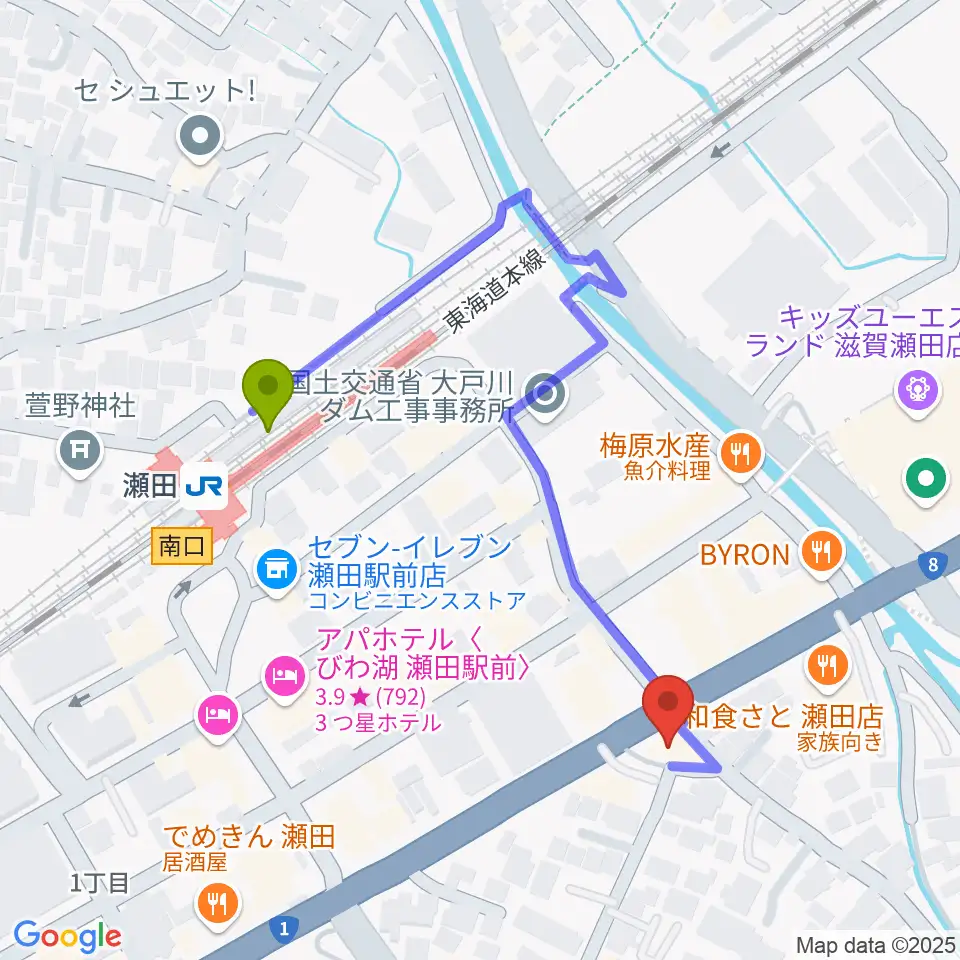 ロマン楽器 瀬田ショップの最寄駅瀬田駅からの徒歩ルート（約4分）地図