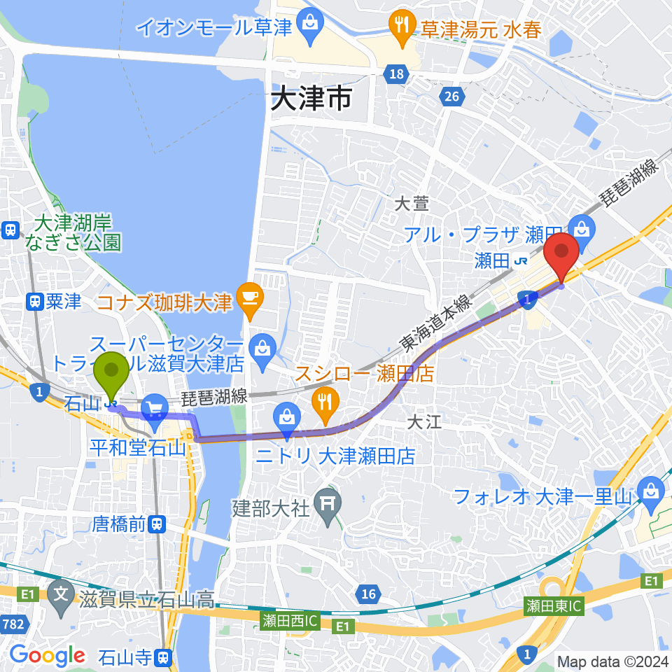 石山駅からロマン楽器 瀬田ショップへのルートマップ地図