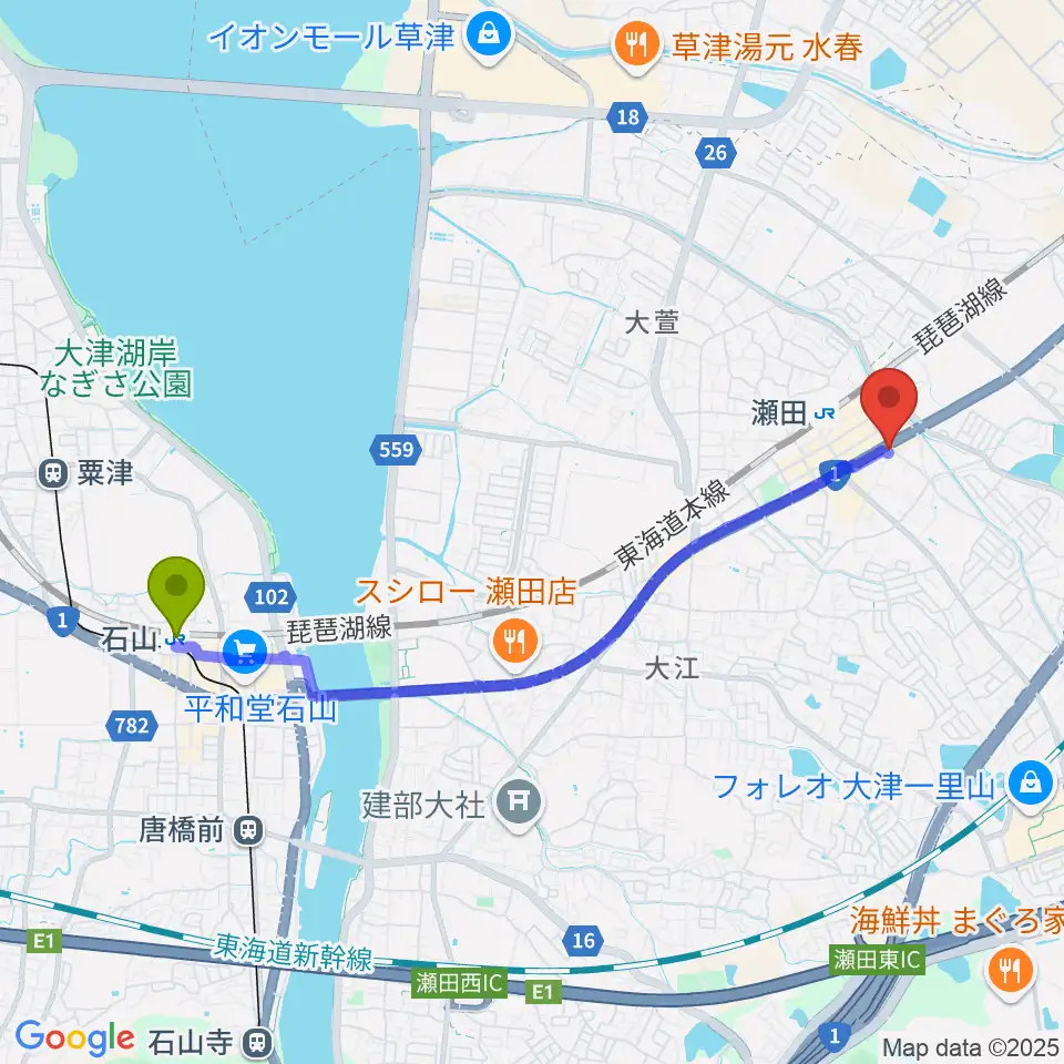 石山駅からロマン楽器 瀬田ショップへのルートマップ地図