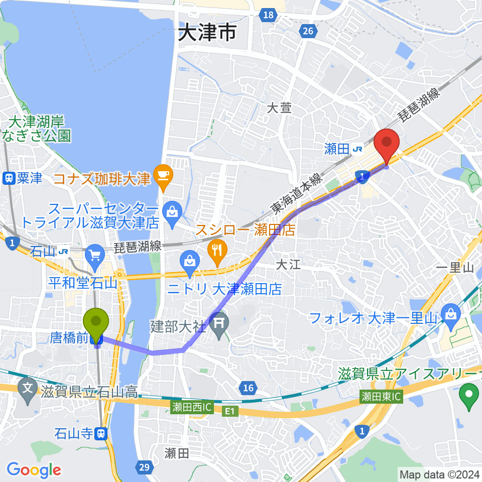 唐橋前駅からロマン楽器 瀬田ショップへのルートマップ地図